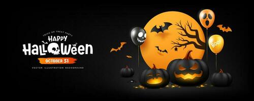 Happy Halloween party black pumpkins balloon on moon night banner design on black background, Eps 10 vector illustration