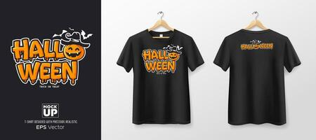 Black t shirt front and back mockup collections, halloween text orange color design template design, EPS10 Vector illustration.