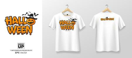 White t shirt front and back mockup collections, halloween text orange color design template design, EPS10 Vector illustration.