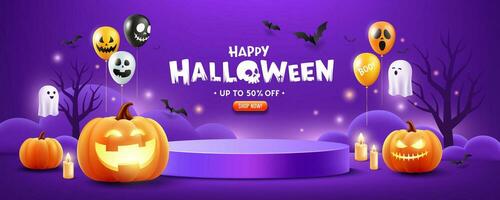 Halloween podium purple color, pumpkin, balloons, ghost, candle, and bat flying, banner design on purple background, Eps 10 vector illustration