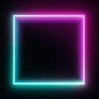 Neon square frame template isolated black background. Pink and blue colors. AI generative photo