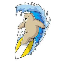Cute bear surfing wave illustration cartoon vector