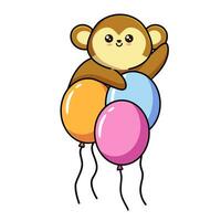 Cute little  monkey with figure one, blue balloon and bow tie vector