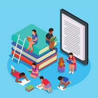 Colored Children Reading Learning Drawing Isometric Concept vector