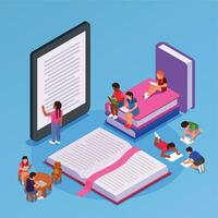 Children reading learning drawing colored isometric concept vector