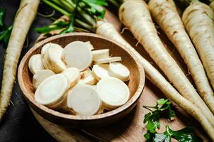 Chopped parsley root. On table photo