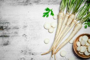 Chopped parsley root. On table photo