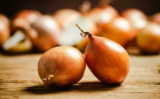 Fresh onions on table . photo