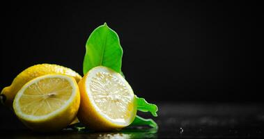 Fresh lemons. On black table. photo