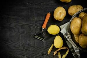 Fresh potatoes. On black background. photo