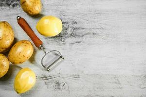 Fresh potatoes. On white table. photo