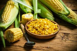 Canned corn in plate. photo