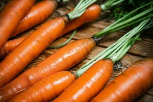 Fresh carrots on wooden table. photo