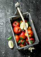 Red apples with leaves and Apple slices in a wooden box. photo