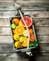 Pieces of fresh citrus in the box. photo