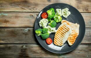 Fried chicken steak with broccoli in a plate. photo