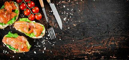 Salmon sandwich on the table with tomatoes and salt. photo