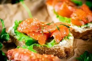 Salmon sandwich on paper. Macro background. photo