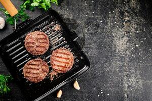 Grilled burger in a frying pan. photo