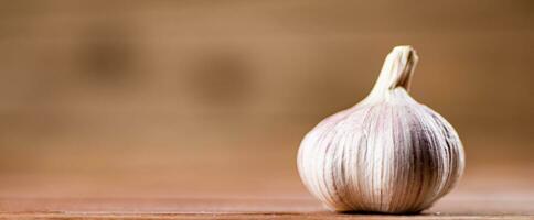 A whole head of fresh garlic on the table. photo