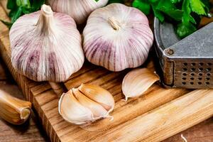 Garlic with parsley on a wooden cutting board. photo