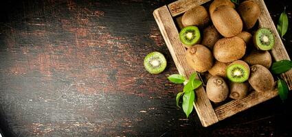 Fragrant kiwi with leaves on tray. photo