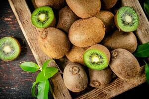 Fragrant kiwi with leaves on tray. photo