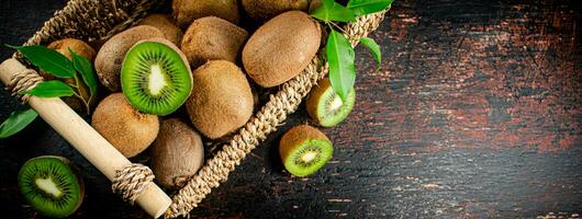 Fresh kiwi with leaves in a basket. photo