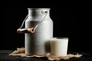 rústico Leche en un lata y un vaso en el mesa. foto