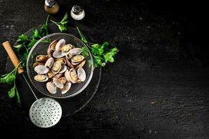 Fresh vongole in a colander on a stone board with parsley. photo