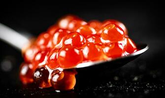 rojo caviar en un cuchara en el mesa. foto
