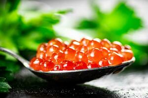 un lleno cucharada de rojo caviar en el mesa con perejil. foto