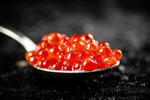 rojo caviar en un cuchara en el mesa. foto