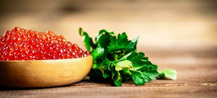 Red caviar in a plate on the table with parsley. photo