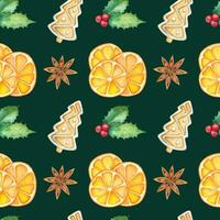 Watercolor winter pattern with holly, ginger bread, anise and dried oranges on the dark green background. Christmas wrapping paper. photo