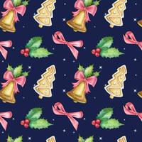 Seamless watercolor Christmas pattern with ginger bread, bell, holly and red ribbon on the dark blue background. Magical Christmas pattern. photo