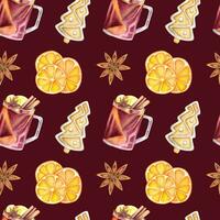 Watercolor winter pattern with a glass of mulled wine, dried oranges, ginger bread and star anise on the red background. Seamless mulled wine pattern. photo