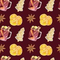 Watercolor winter pattern with a glass of mulled wine, dried oranges, ginger bread and star anise on the red background. Seamless mulled wine pattern. photo