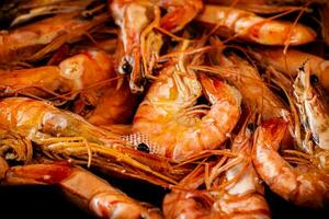 Red shrimp are boiled in water. Macro background. photo