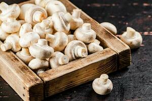 Mushrooms on a wooden tray. photo