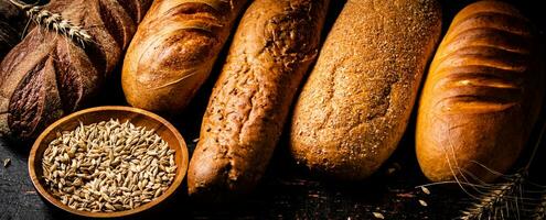 Various bread with grain in a bowl on the table. photo