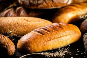 Different types of bread with spikelets. photo