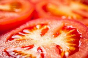 A round piece of tomato. Macro background. photo