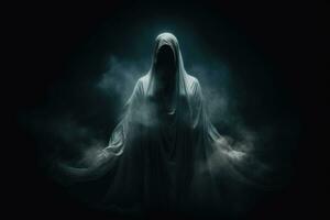 Scary ghost on dark background. Generative AI photo
