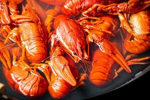 Crayfish are boiled in a pot in water. photo