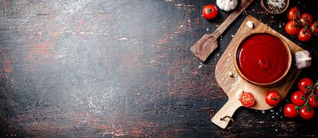 Tomato sauce on a wooden cutting board with garlic and spices. photo