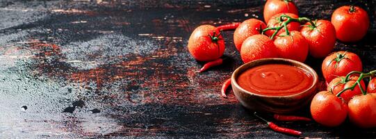 Tomato sauce in a plate with red pepper trays. photo