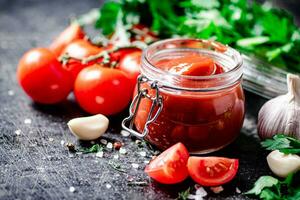 Tomato sauce in a glass jar with parsley and garlic. photo