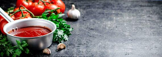 Tomato sauce in a sauce roll with parsley. photo