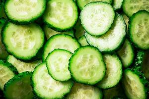 Round pieces of ripe cucumber. Macro background. photo
